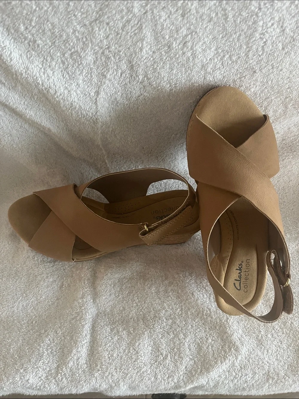 Clarks Beige Crisscross Wedge Sandals